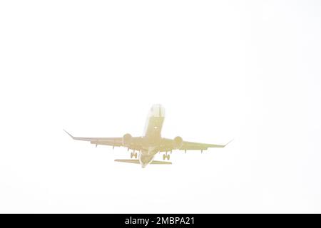 Un avion de ligne est silhoueté par le soleil lorsqu'il arrive pour un atterrissage à l'aéroport international de Seattle-Tacoma à SeaTac, Washington, mardi, 1 janvier Banque D'Images