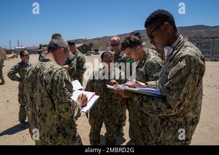 CAMP PENDLETON, Californie (20 juin 2022) les marins affectés à l'installation médicale expéditionnaire de la Réserve de la Marine (NRC-EMF) Bethesda, effectuent un rassemblement après un incendie simulé au cours de leur évaluation de préparation opérationnelle (ORE). Le MINERAI soutient directement les directives du chirurgien général selon lesquelles « la médecine navale s'optimisera pour projeter la puissance médicale à l'appui de la supériorité navale ». Le C-EMF Bethesda est composé de réservistes de partout au pays qui se sont réunis pour compléter la formation qui comprend la familiarisation avec l'équipement, la formation intégrée sur la capacité de traitement des patients/médicaux, le scénario/la mission et les urgences (incendie, Banque D'Images