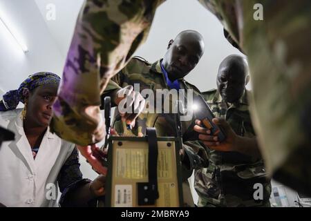 Le personnel médical de la Garde nationale aérienne de l'Indiana effectue une formation pratique au cours d'une mission du Programme de partenariat avec l'État de la Garde nationale de l'Indiana, à 17-24 juin 2022, à Niamey, au Niger. Le but de cet exercice était de tester et de partager les connaissances sur l'équipement tout en offrant une formation mutuellement bénéfique. Le Programme de partenariat entre la Garde nationale et l'État est un programme novateur de coopération en matière de sécurité du ministère de la Défense. Banque D'Images