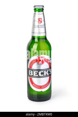 Chisinau, Moldavie - 05 décembre 2015 Beck bouteille de bière originale isolée sur fond blanc Banque D'Images