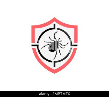 Lutte antiparasitaire avec bouclier, insecte, logo de poison chimique. Services de lutte antiparasitaire, cible, exterminateur d'insectes. Arrêt, avertissement, interdit. Illustration de Vecteur