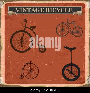 Ensemble de quatre bicyclettes vintage. Affiche de vélo d'époque Illustration de Vecteur