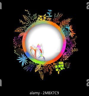 Cadre rond pour texte avec fleurs et herbe de couleur sur fond noir avec papillons. Place pour votre texte. Illustration vectorielle Illustration de Vecteur