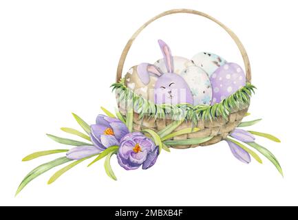 Aquarelle créée à la main pour célébrer la fête de Pâques. Panier d'œufs pastel peints, lapins, fleurs de printemps. Isolé sur fond blanc. Conception pour Banque D'Images