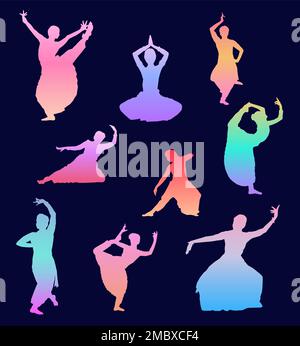 Femme indienne Femme danseuse Performer Bharatanatyam pose dégradé couleur Silhouette Illustration de Vecteur