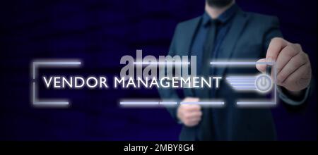 Affichage conceptuel gestion des fournisseurs. Mot écrit sur les activités incluses dans la recherche et l'approvisionnement des fournisseurs Banque D'Images