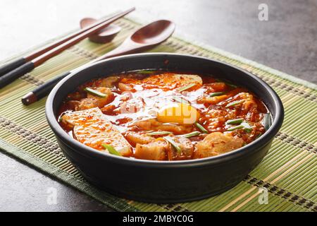 Le plat Sundubu-jjigae est composé de tofu doux fraîchement caillé, de kimchi, d'oignon, de ventre de porc et de gochugaru sur le bol de la table. Horizontale Banque D'Images