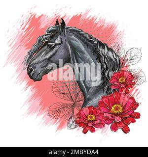 Portrait d'un cheval noir, fleurs et feuilles de zinnia. Imprimé dessiné à la main. Illustration vectorielle isolée sur fond blanc. Pour les t-shirts compositio Illustration de Vecteur