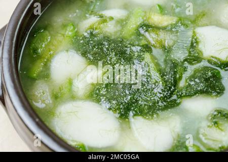 Tteokguk, algues coréennes fulvescens soupe de gâteau de riz en tranches : gâteau de riz de forme ovale cuit dans un bouillon. Un plat traditionnel du nouvel an lunaire. Bouillon de bœuf transparent Banque D'Images