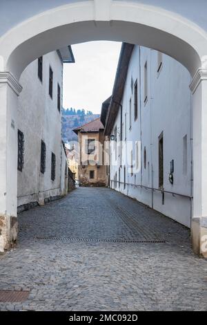 Rue historique dans le centre de Kremnica, cité minière médiévale, Slovaquie, Europe. Banque D'Images