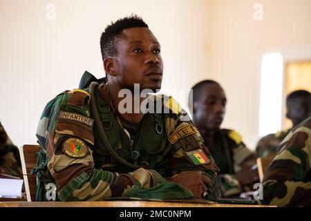 Un soldat des Forces armées sénégalaises (SAF) prend des notes lors d'une classe de mouvement nocturne pendant le Lion africain 22 à Dodji, Sénégal, 23 juin 2022. African Lion 22 est américain L’exercice annuel le plus important, le plus important, le plus important, organisé par le Commandement de l’Afrique et organisé par le Maroc, le Ghana, le Sénégal et la Tunisie, le 6-30 juin. Plus de 7 500 participants de 28 pays et de l'OTAN s'entraînent ensemble en mettant l'accent sur l'amélioration de la préparation des forces américaines et des forces nationales partenaires. AL22 est un exercice commun de tous les domaines, multi-composants et multinational, employant une gamme complète de capacités de mission dans le but de renforcer l'interopérabilité entre les participants Banque D'Images