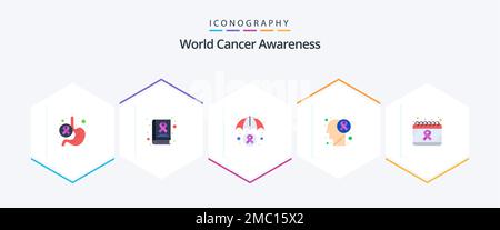 Pack d'icônes de World cancer Awareness 25 Flat avec calendrier. cancer. jour. tumeur cérébrale. sensibilisation au cancer Illustration de Vecteur