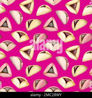Purim hamantaschen biscuits motif sans couture sur rose vif. Illustration de l'aquarelle de la nourriture traditionnelle juive de vacances. Banque D'Images