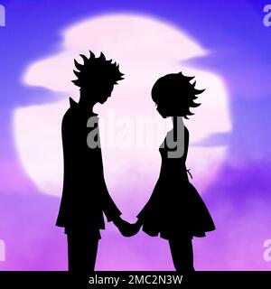 Illustration de silhouettes de couple épris de style Anime debout contre le Soleil Banque D'Images