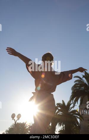 Belle jeune femme qui lève les bras sous le ciel bleu, concept de liberté, de bonheur et de joie Banque D'Images