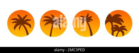 Palm coucher de soleil cercle doré été vecteur design icône de voyage. Palm doré coucher de soleil été isolé mode beauté modèle tropical. Illustration de Vecteur