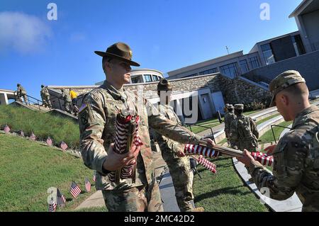 Sgt. 1st classe Alexander Rodriguez et Sgt. 1st classe Michael Phillips – Compagnie Delta, 16th sergents de forage du bataillon d’artillerie d’artillerie – distribuer des drapeaux américains aux soldats de la compagnie pendant l’événement de la colline des héros au 24 juin commémoratif de guerre de Virginie à Richmond. Vingt-cinq troupes de Delta Co. Ont aidé à mettre près de 12 000 drapeaux en hommage aux Virgiens en uniforme perdus de la Seconde Guerre mondiale à aujourd'hui (photo de T. Anthony Bell). Banque D'Images