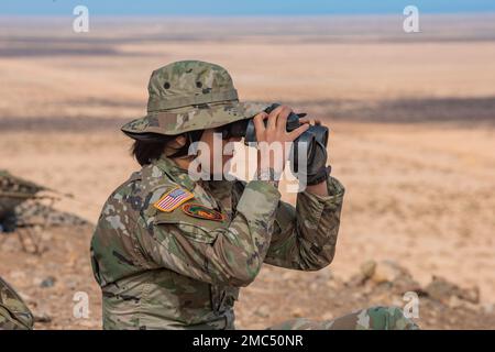 1st le lieutenant Abigail Cannon est le premier officier d'artillerie de campagne de la Garde nationale de l'Armée de l'Idaho, ouvrant la voie à d'autres femelles qui se joignent derrière elle. Cannon n'est en poste que depuis près de huit mois, après avoir été mis en service dans l'artillerie comme officier de soutien aux incendies pour le bataillon 1st du Régiment d'artillerie de campagne 148th. Le premier exercice d’entraînement sur le terrain de Cannon, en tant qu’officier de soutien aux incendies, a eu lieu en juin lors de African Lion 22, un exercice multinational conjoint mené au Maroc, comprenant environ 8 000 soldats des États-Unis, du Ghana, du Sénégal et de la Tunisie. Cannon l'était Banque D'Images