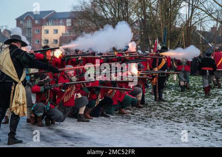 Nantwich Chesthire 21 janvier 2023 la bataille de Nantwich a eu lieu le 25 janvier 1644 à Cheshirte pendant la première Guerre civile anglaise , Sir Thomas Fairfax, commandant d'une force de secours parlementaire, a vaincu Lord Byron et le Royaliste la victoire parlementaire a mis fin à une série de succès royalistes dans la région et a été un revers majeur pour la campagne militaire prévue par le roi Charles pour 1644.Paul Quezada-Neiman/Alay Live News Banque D'Images