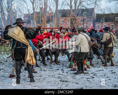 Nantwich Chesthire 21 janvier 2023 la bataille de Nantwich a eu lieu le 25 janvier 1644 à Cheshirte pendant la première Guerre civile anglaise , Sir Thomas Fairfax, commandant d'une force de secours parlementaire, a vaincu Lord Byron et le Royaliste la victoire parlementaire a mis fin à une série de succès royalistes dans la région et a été un revers majeur pour la campagne militaire prévue par le roi Charles pour 1644.Paul Quezada-Neiman/Alay Live News Banque D'Images