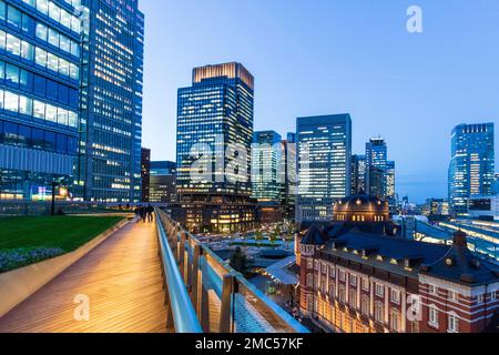 Gare de Tokyo et immeubles de bureaux en hauteur vus du jardin sur le toit du bâtiment Marunouchi KITTE à Tokyo pendant l'heure bleue du soir. Banque D'Images