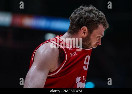 Milan, Italie. 20th janvier 2023. Nicolo Melli #9 de EA7 Emporio Armani Milan réagit pendant le jeu de la saison régulière EuroLeague Turkish Airlines Round 20 entre EA7 Emporio Armani Milan et LDLC Asvel Villeurbanne à Mediolanum Forum.final Score; EA7 Emporio Armani Milan 73:79 LDLC Asvel Villeurbanne) Credit: SOPA Images Limited/Alay Live News Banque D'Images