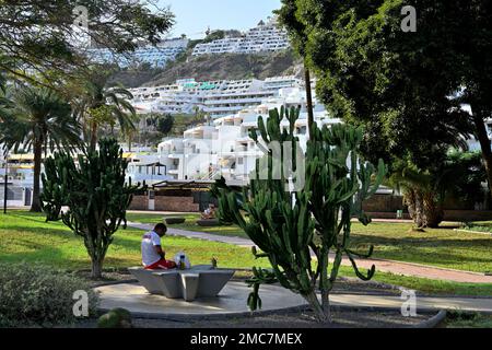 Hôtels touristiques à flanc de colline dans la ville d'Arguineguín avec parc public et jardins en face, Gran Canaria Banque D'Images