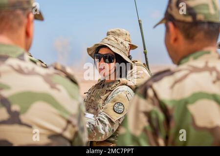 1st le lieutenant Abigail Cannon est le premier officier d'artillerie de campagne de la Garde nationale de l'Armée de l'Idaho, ouvrant la voie à d'autres femelles qui se joignent derrière elle. Cannon n'est en poste que depuis près de huit mois, après avoir été mis en service dans l'artillerie comme officier de soutien aux incendies pour le bataillon 1st du Régiment d'artillerie de campagne 148th. Le premier exercice d’entraînement sur le terrain de Cannon, en tant qu’officier de soutien aux incendies, a eu lieu en juin lors de African Lion 22, un exercice multinational conjoint mené au Maroc, comprenant environ 8 000 soldats des États-Unis, du Ghana, du Sénégal et de la Tunisie. Cannon l'était Banque D'Images