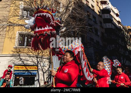 Barcelone, Espagne. 21st janvier 2023. Les acteurs exécutent la danse du dragon pour accueillir l'année chinoise du lapin à Barcelone crédit: Matthias Oesterle/Alamy Live News Banque D'Images