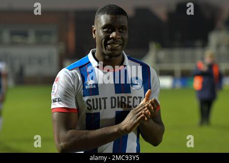 Hartlepool, Royaume-Uni. 21st janvier 2023. Josh Umerah de Hartlepool United lors du match Sky Bet League 2 entre Hartlepool United et Rochdale à Victoria Park, Hartlepool, le samedi 21st janvier 2023. (Crédit : Scott Llewellyn | MI News) crédit : MI News & Sport /Alay Live News Banque D'Images