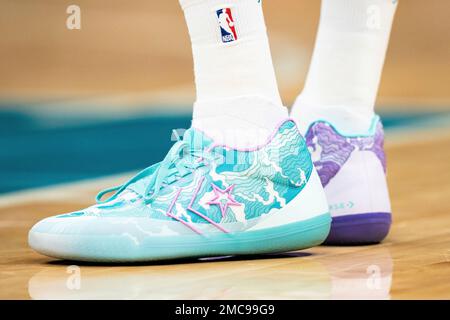 Charlotte Hornets guard Kelly Oubre Jr. (12) looks on during the first half  of an NBA basketball game against the Washington Wizards, Monday, Nov. 22,  2021, in Washington. (AP Photo/Nick Wass Stock