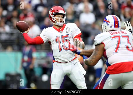 AFC quarterback's Mac Jones of the New England Patriots (10), left, Justin  Herbert of the Los Angeles Chargers (10), and Patrick Mahomes of the Kansas  City Chiefs (15) during the first half