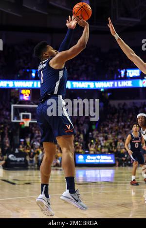 21 janvier 2023: Le senior de la Virginie Jayden Gardner (1) prend un saut contre Wake Forest. Jeu de basketball NCAA entre l'Université de Virginie et l'Université Wake Forest au Lawrence Joel Veterans Memorial Coliseum, Winston Salem. NF. David Beach/CSM Banque D'Images