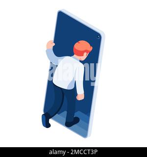 Flat 3D Isométrique homme d'affaires marchant dans un smartphone. Concept de dépendance des téléphones intelligents et des médias sociaux. Illustration de Vecteur