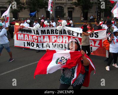 Quelques dizaines de personnes marchent dans les rues de Lima pour soutenir la police et les forces armées dans leur travail pour réprimer les protestations à Lima exigeant la démission du Président Dina Boluarte Banque D'Images