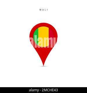 Marqueur de carte en forme de goutte d'eau avec drapeau du Mali. Drapeau malien inséré dans la broche de la carte de localisation. Illustration plate isolée sur fond blanc. Banque D'Images