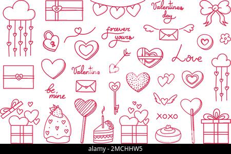 Ensemble de gribouillages dessinés à la main pour Saint-Valentin. Icônes adorables et romantiques pour les anniversaires, les mariages. Texte lettrage, bonbons, cadeaux et collection de cadeaux Illustration de Vecteur