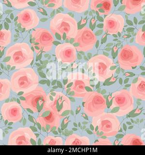 Motif sans couture avec roses roses roses sur fond bleu Illustration de Vecteur