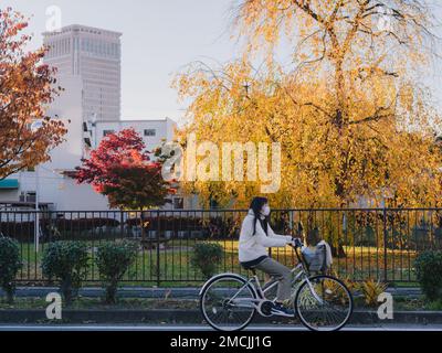 Ville de Yamagata au Japon, 7 novembre 2022 dans l'après-midi, près du centre-ville de Yamagata, une fille portant un masque est à cheval sur son vélo en automne. Nous pouvons voir Banque D'Images