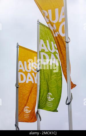 Sydney, Australie. Dimanche 22nd janvier 2023 Manly Beach Sydney, Northern Beaches council a érigé des bannières et des prospectus à Manly Beach pour promouvoir la prochaine Journée de l'Australie, qui aura lieu le 26th janvier de chaque année, Australia Day est une fête nationale pour célébrer l'Australie et reconnaît également l'atterrissage en 1788 de la première flotte à Sydney Cove, de manière controversée certains le nomtent invasion Day, Credit: martin berry/Alay Live News Banque D'Images