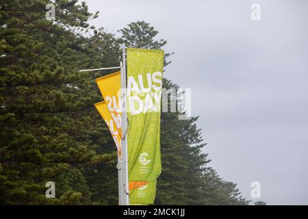 Sydney, Australie. Dimanche 22nd janvier 2023 Manly Beach Sydney, Northern Beaches council a érigé des bannières et des prospectus à Manly Beach pour promouvoir la prochaine Journée de l'Australie, qui aura lieu le 26th janvier de chaque année, Australia Day est une fête nationale pour célébrer l'Australie et reconnaît également l'atterrissage en 1788 de la première flotte à Sydney Cove, de manière controversée certains le nomtent invasion Day, Credit: martin berry/Alay Live News Banque D'Images