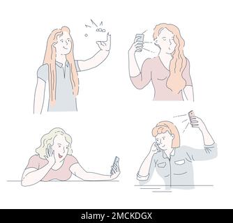 Filles prenant selfie sur smartphone photo et appareil photo frontal avec flash vecteur isolé femmes personnages photographie femmes technologie moderne photo Illustration de Vecteur
