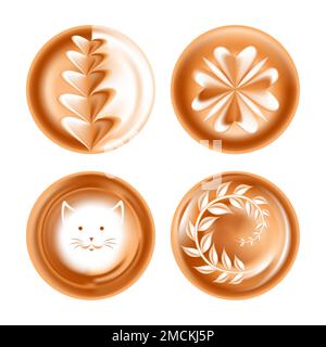 Dessin mousse ou image café énergique boisson créative présentation vecteur isolé autour des icônes coeurs et trèfle motifs floraux chat et feuilles sur b Illustration de Vecteur