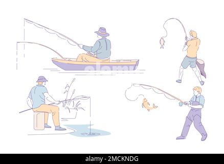 Pêche sportive pêche de pêcheur attrapant le poisson et la pêche à la ligne des personnages isolés Illustration de Vecteur