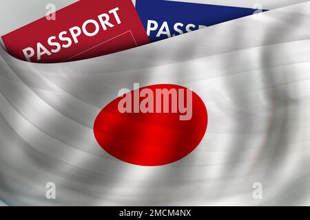Drapeau japonais et passeport du Japon. Citoyenneté, immigration légale officielle, visa, affaires et voyages. Banque D'Images