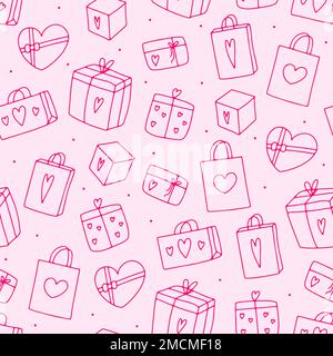 Jolis cadeaux à motif sans coutures. Ce sac est dessiné à la main sur fond rose. Décrivez les forfaits surprise avec cœur. Vacances, Saint Valentin, naissance Illustration de Vecteur