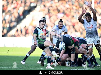 Twickenham, Royaume-Uni. 21st janvier 2023. Coupe des champions européens de rugby. Harlequins V Cell C Sharks. Twickenham Stoop. Twickenham. Danny Care (Harlequins) donne des coups de pied comme Eben Etzebeth (Sharks) tente de bock pendant la Harlequins V Cell C Sharks Heineken Champions Cup ronde 4, de billard A match. Credit: Sport en images/Alamy Live News Banque D'Images