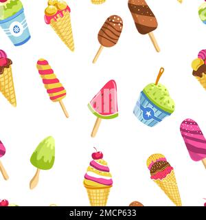 Crème glacée été dessert cône gaufré bâton et seau sans couture motif Illustration de Vecteur