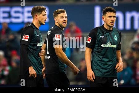 Cologne, Allemagne. 21st janvier 2023. Niklas Stark (Werder), Niclas Füllkrug (Werder), Milos Veljkovic (Werder) 1. FC Köln - Werder Bremen Bundesliga 21. Banque D'Images