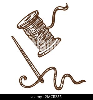 Outils de couture d'esquisse isolés à bobine d'aiguille et de fil Illustration de Vecteur